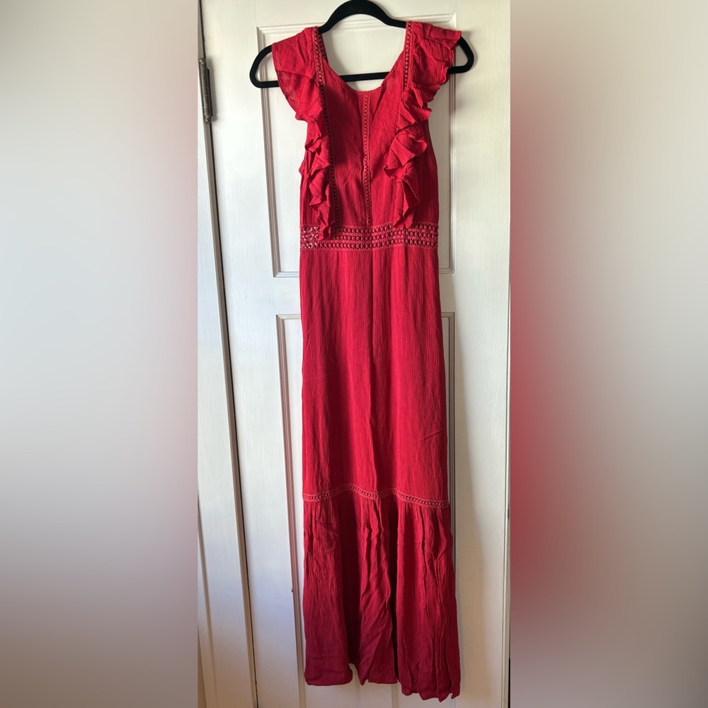 Red Ruffle Maxi Dress, Crochet Cut Out Waist Band